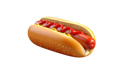 Deliciously crafted hot dog presented on a dark background. The succulent sausage is perfectly nestled within a soft bun and topped with vibrant red sauce and bright yellow mustard.