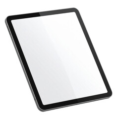 Angled view of a modern electronic tablet device featuring a blank white screen, set against a dark black background.