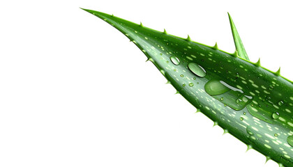 shot displays vibrant green aloe vera leaf with water droplets, showcasing details of the plant's texture, spikes, and natural patterns against a solid black background.