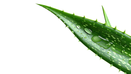 shot displays vibrant green aloe vera leaf with water droplets, showcasing details of the plant's texture, spikes, and natural patterns against a solid black background.