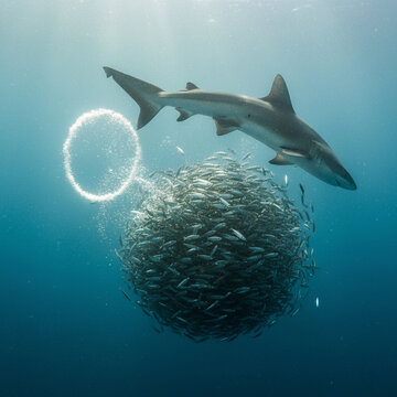 Requin pr&egrave;s d&rsquo;un banc de poissons en boule sous l&rsquo;eau