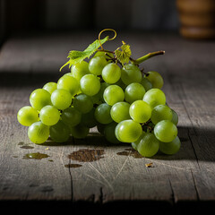 wet bunch of grapes on a wooden table
