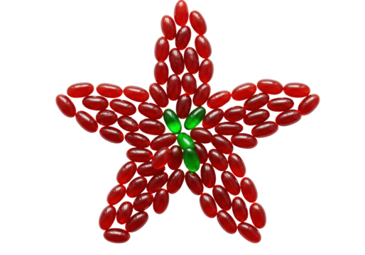 Isolated capsules forming star shape composition, vibrant colors, red gel caps, green center - Powered by Adobe