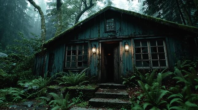 A creepy, atmospheric shot of a small, dilapidated wooden shack deep in a fog-filled forest. Its broken door hangs open, faint light leaks from inside, and twisted trees loom overhead, creating an uns