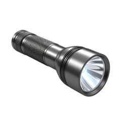 Illuminated handheld metal flashlight with a textured grip, projecting a bright beam of light against a dark background, showcasing its design and reflecting light, commonly used for illumination in.