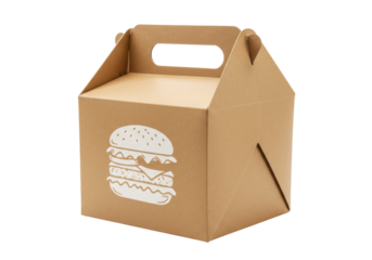 Isolated take out lunch box with handle, cardboard container for fast food products, burger graphic
