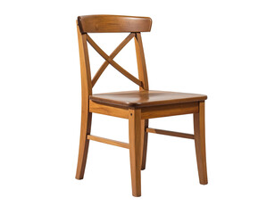 Wooden chair with an "X" back detail, presented against a solid black backdrop showcasing its warm tones and classical design, suggesting a sturdy build and a comfortable seating surface.