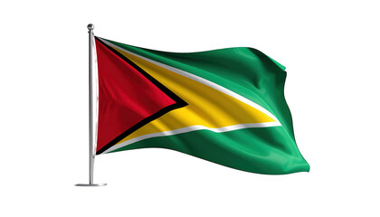 Displaying a national flag waving on a pole against a stark black background, the flag's design features vibrant colors including green, yellow, red, and a striking black border, creating an...