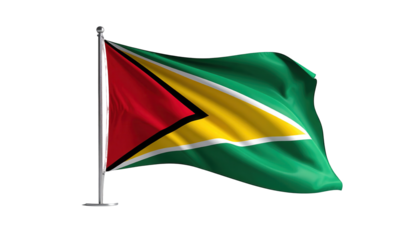Displaying a national flag waving on a pole against a stark black background, the flag's design features vibrant colors including green, yellow, red, and a striking black border, creating an...