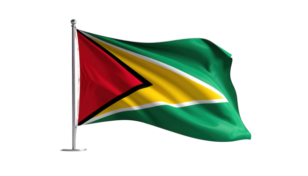 Displaying a national flag waving on a pole against a stark black background, the flag's design features vibrant colors including green, yellow, red, and a striking black border, creating an... - Powered by Adobe