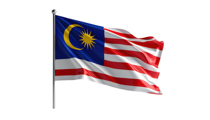Malaysian national flag waving gracefully in the wind, featuring red and white stripes alongside a blue canton that includes a yellow crescent moon and star on a black background, conveying...
