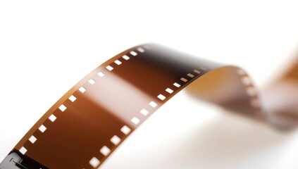 A curling strip of developed 35mm film lays on a white surface