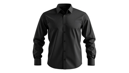Sophisticated long-sleeved black shirt displays the refined details of its structure, collar, and buttons against a stark black backdrop, showcasing a minimalistic and modern aesthetic with subtle...