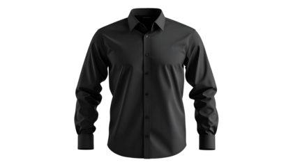 Sophisticated long-sleeved black shirt displays the refined details of its structure, collar, and buttons against a stark black backdrop, showcasing a minimalistic and modern aesthetic with subtle...