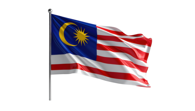 Malaysian national flag waving gracefully in the wind, featuring red and white stripes alongside a blue canton that includes a yellow crescent moon and star on a black background, conveying...