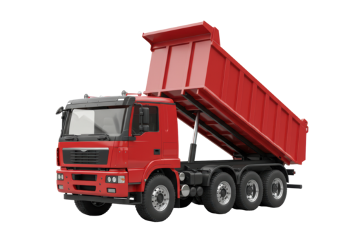 Isolated dump truck with the body up on transparent background, tipper, construction car