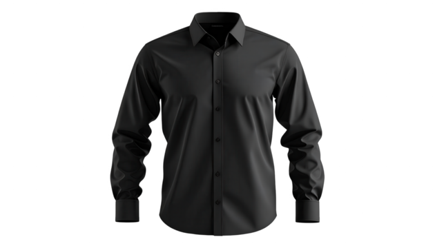 Sophisticated long-sleeved black shirt displays the refined details of its structure, collar, and buttons against a stark black backdrop, showcasing a minimalistic and modern aesthetic with subtle...