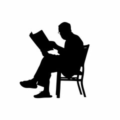 Silhouette of a man reading morning newspaper on chair isolated on white background