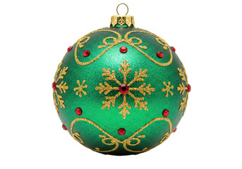 Isolated glittery green bauble Christmas ornament with gold glitter detail and red gems