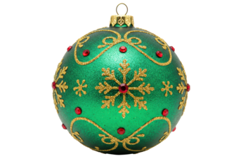 Isolated glittery green bauble Christmas ornament with gold glitter detail and red gems