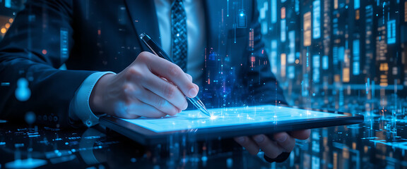 VR headset user interacting with holographic screen, glowing neon effects, futuristic user interface, cinematic dark background, stock composition.