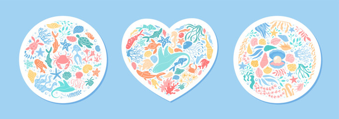 Underwater sticker set in flat style. Heart and round shapes with aquatic cartoon doodles. Marine life with fish, coral, and whale. Sea concept vibrant designs for playful decor.