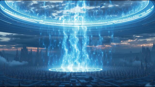 Interdimensional portal glowing with blue energy, connecting a sci-fi city and fantasy world