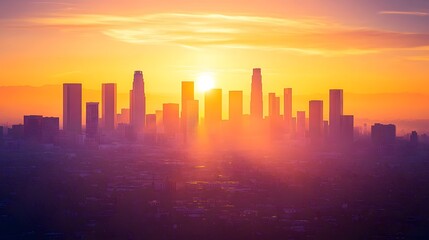 Fototapeta premium Los Angeles cityscape at sunrise with skyline, sunset glow and golden sky