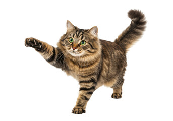 Isolated fluffy tabby cat playing, with paw extended, showing claws and beautiful fur