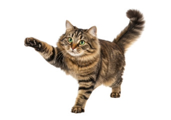 Isolated fluffy tabby cat playing, with paw extended, showing claws and beautiful fur