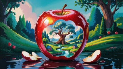 A vibrant apple with a landscape inside, reflecting in water, surrounded by nature and apple slices, creating a surreal and artistic scene