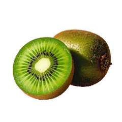 Freshly sliced kiwi fruit, showcasing a vibrant green interior alongside its fuzzy, brown-skinned counterpart, resting against a stark, black background, highlighting the natural textures and bright.