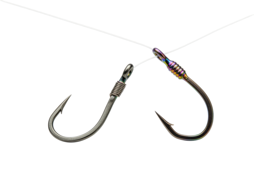 Isolated fishing hooks and line ready for angling or outdoor recreation and adventure
