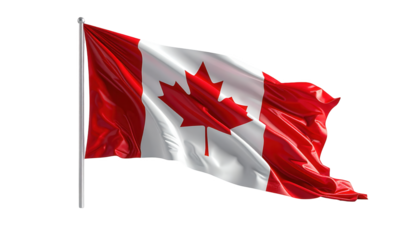 The national flag of a country, with red and white colors and a central maple leaf, waves gracefully on a flagpole against a dark, empty background.