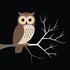 Fototapeta premium Cartoon Owl Sitting on Tree Branch at Night – Vector Illustration