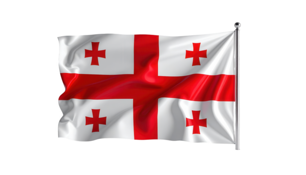 The fluttering national flag displays prominently with a white background and a vibrant red cross design, creating a powerful visual impact against a dark backdrop, showcasing the symbol of pride and.