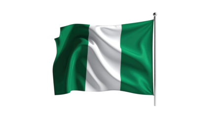 The national flag of a country is presented prominently, its fabric waving gently in a seemingly breezy atmosphere, showcasing a vertical tricolor of green, white, and green, with the pole adding...