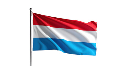 A colorful flag displaying horizontal stripes of red, white, and blue billows in the wind, attached to a silver pole with a polished, reflective finish, set against a completely black backdrop for a.