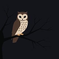 Cartoon Owl Sitting on Tree Branch at Night &ndash; Vector Illustration