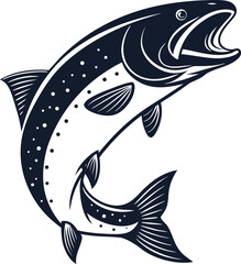 Dynamic Trout Fish Leaping Upward Bold Black and White Stylized Illustration with Detailed Scales and Fins for Modern Artwork
