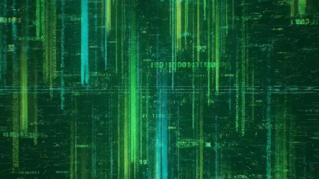 Matrix-Style Digital Code Glitch Overlay &ndash; Cascading Binary Streams with Scrolling Numbers, Flickering Neon Pixels, and Futuristic Cyberpunk Tech Screen Texture for Video Editing