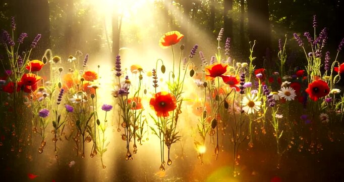 Vibrant wildflowers blooming in a sunlit forest, creating a serene atmosphere
