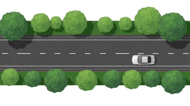 White Car, Driving on Asphalt Road with Trees, Top Down View, cutout, PNG isolated on white or transparent background