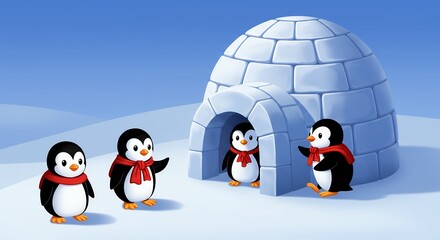 Animated penguins gather near an igloo cartoon illustration on a winter background copy space