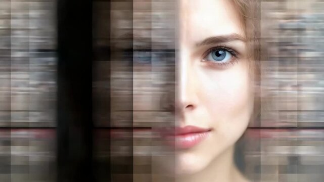 A woman's face shown as a glitchy mosaic of vertical strips, with a blue eye peeking through and lips visible.