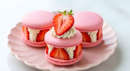 Three Pink Macarons Filled with Cream and Sliced Strawberries, Served on a Pink Scalloped Plate
