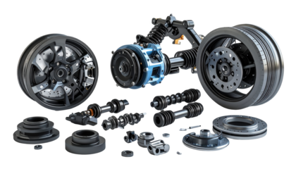 Detailed illustration of automobile mechanical components isolated against a solid black background, showcasing a complete wheel assembly, suspension system, brake discs, and other detailed parts.