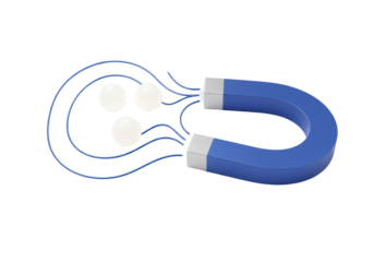 Isolated U-shaped magnet attracting metal spheres with magnetic field lines effect