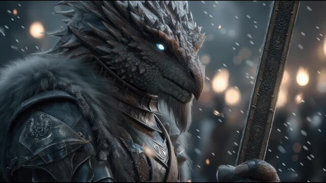 Epic fantasy battle a cinematic dragonlike creature wielding a sword in an enchanted arena dramatic atmosphere heroic perspective
