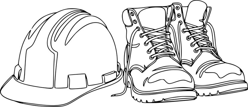 A hard hat and work boots are symbols of a departed worker. The concept of ending a career in construction, unemployment, and the reduction of manual labor due to automation.